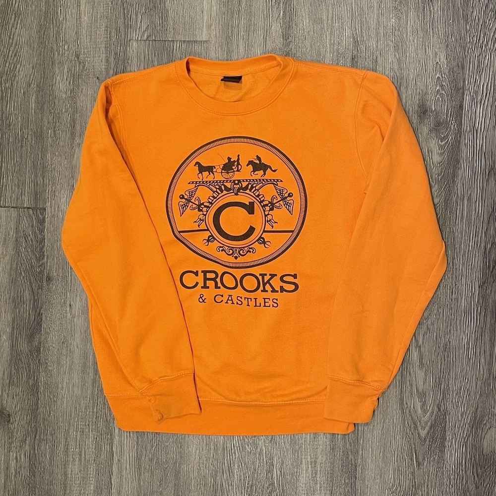 Crooks‎ & Castles Mens Orange Graphic Logo Crewneck Sweatshirt Size Medium - Picture 2 of 6